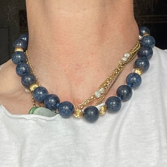 14k Fluted Yellow Gold & Large (15mm) Blue Lapis Bead Vintage Estate Necklace - Picture 2 of 13